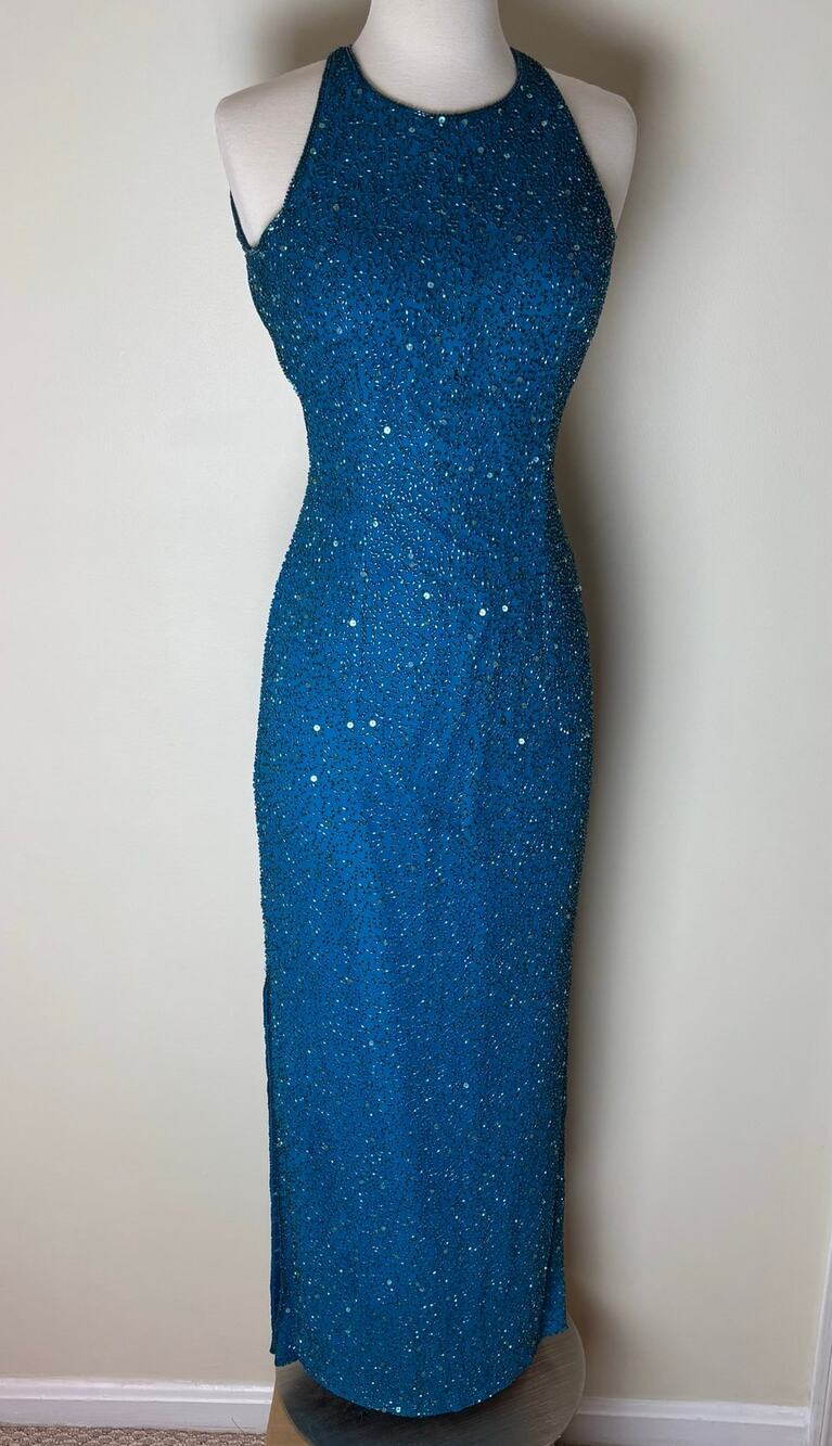 Vintage 90s SCALA XS Silk Beaded Bodycon Maxi Prom Dress Maximalist High Neck